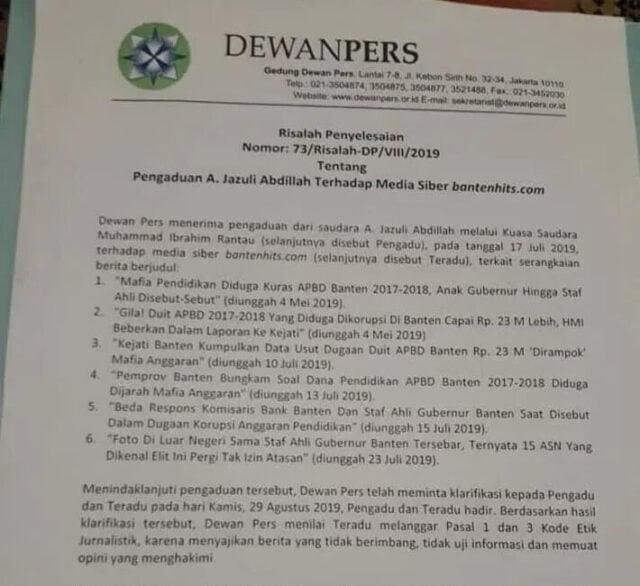 Dewan Pers Keluarkan Risalah Pengaduan A. Jazuli Abdillah
