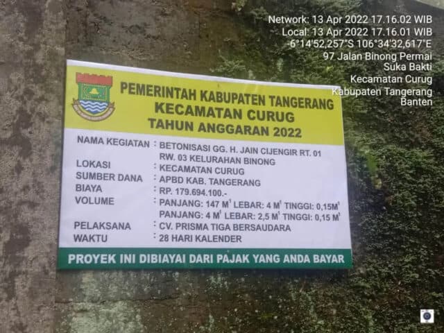 Terkait Proyek Betonisasi di Jalan Gang H. Jain Cijengir, Camat Curug Enggan Berkomentar